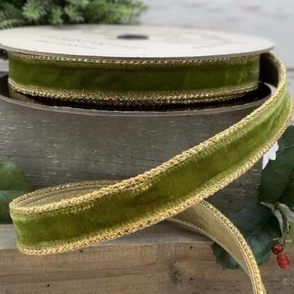 Moss Green Velvet Ribbon with Gold Braid | D. Stevens