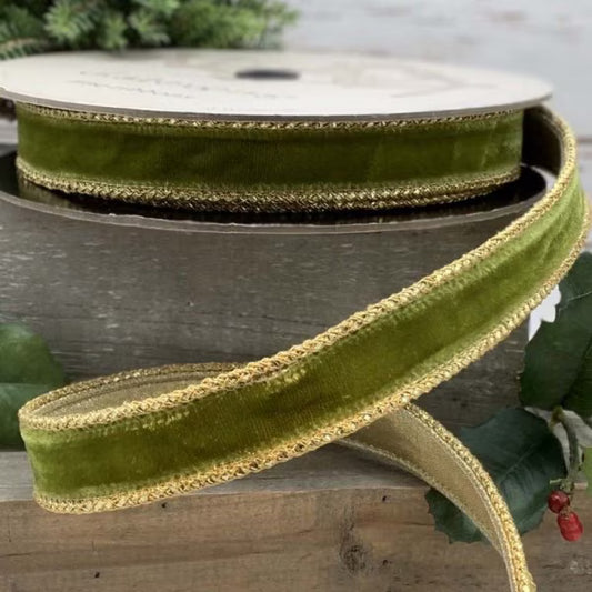 Moss Green Velvet Ribbon with Gold Braid | D. Stevens