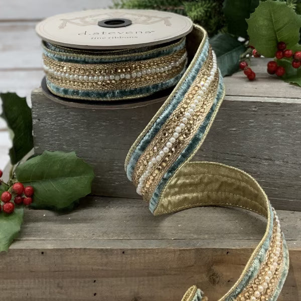 Velvet Bead Pearl Trim Metallic Gold Back Ribbon 07-2651 | Celadon