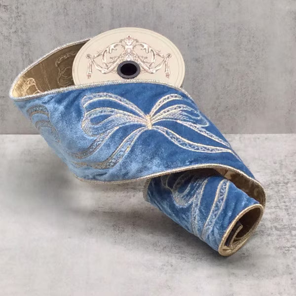 Dusty Blue Velvet Ribbon with Gold Embroidery Bows | D. Stevens