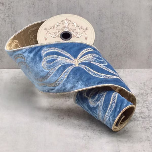 Dusty Blue Velvet Ribbon with Gold Embroidery Bows | D. Stevens