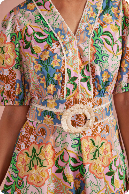 Garden Party Puff Sleeve Belted Cotton Multi Dress