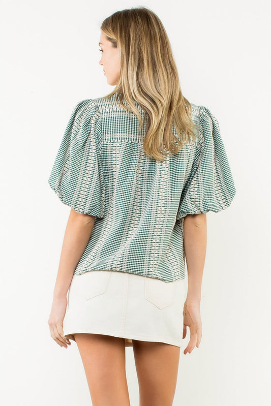 Embroidered V-Neck Puff Gingham Top