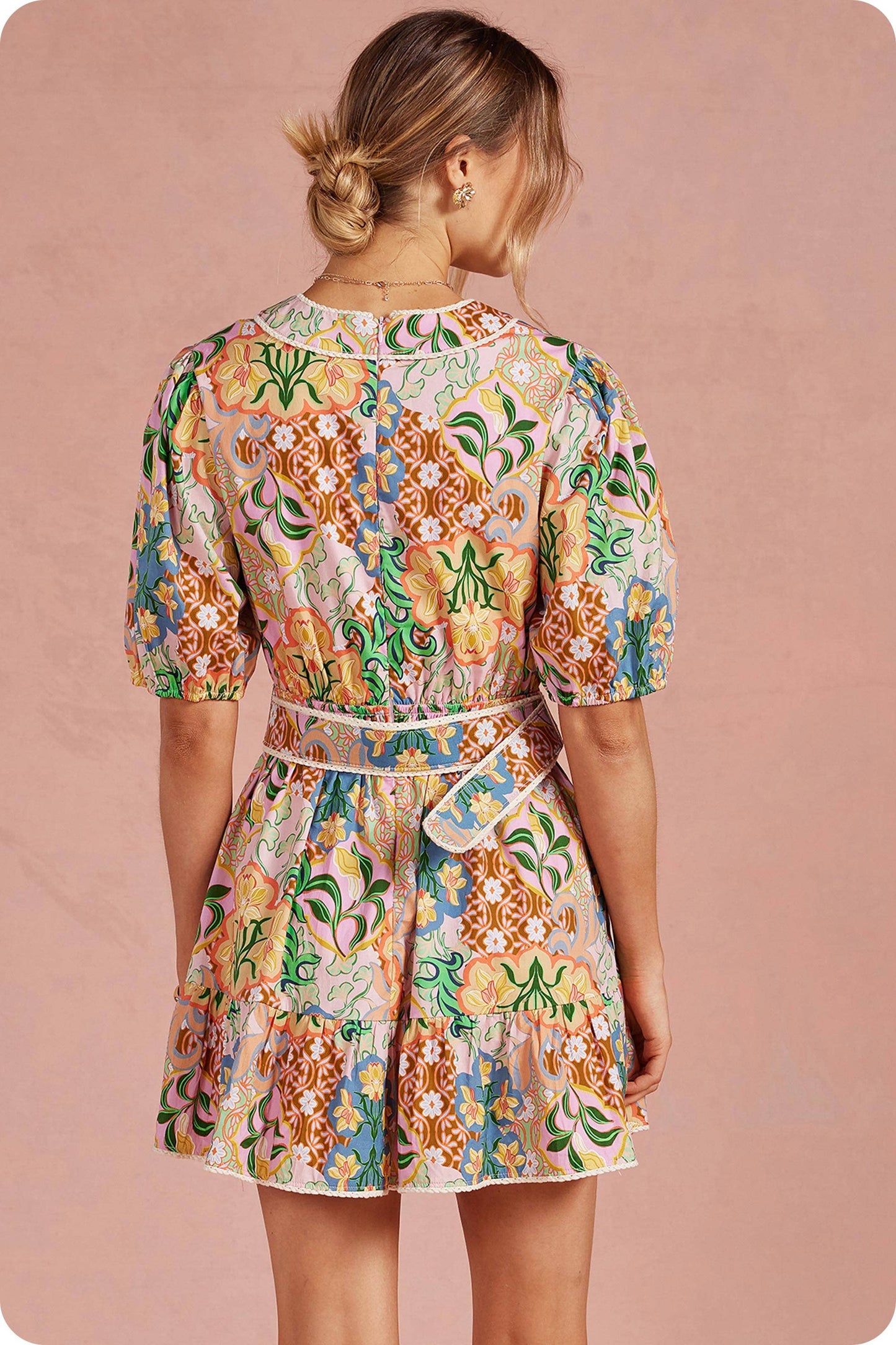 Garden Party Puff Sleeve Belted Cotton Multi Dress