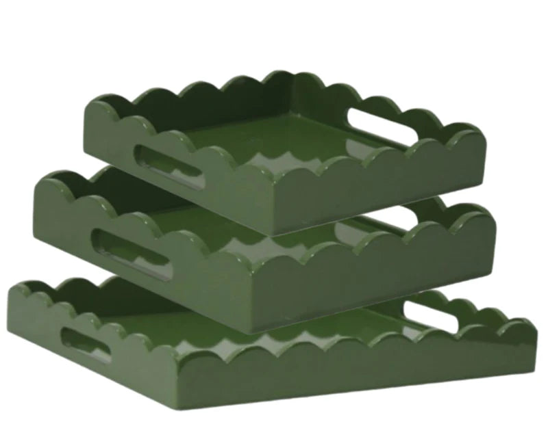 Moss Green High Gloss Scalloped Serving Tray | Medium