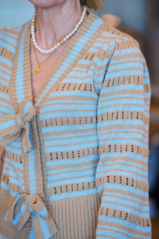 Bow Detail Striped Pointelle Knit Sweater Cardigan | Taupe/Chambray