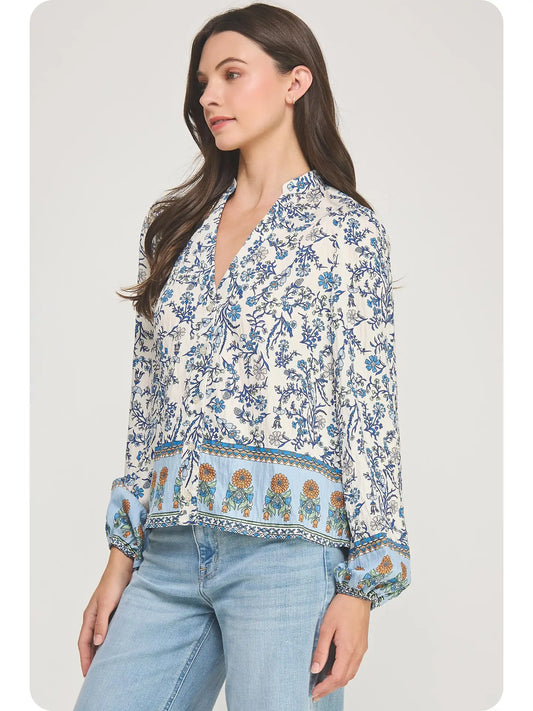 Long Sleeve Border Print Shirt Blouse