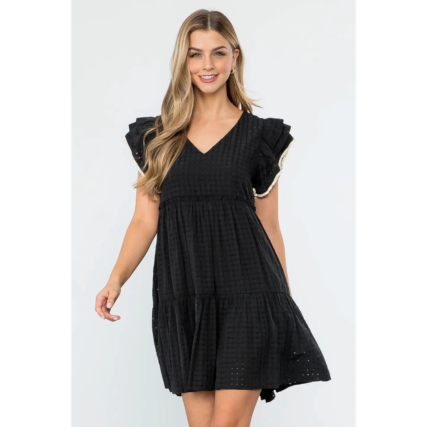 Flutter Sleeve Stripe Pattern Dress | Black - Medium