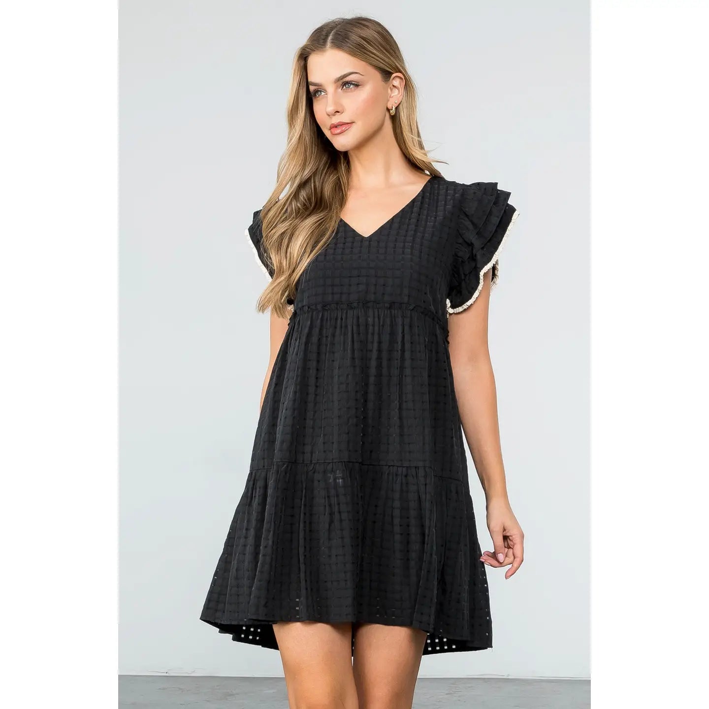 Flutter Sleeve Stripe Pattern Dress | Black - Large