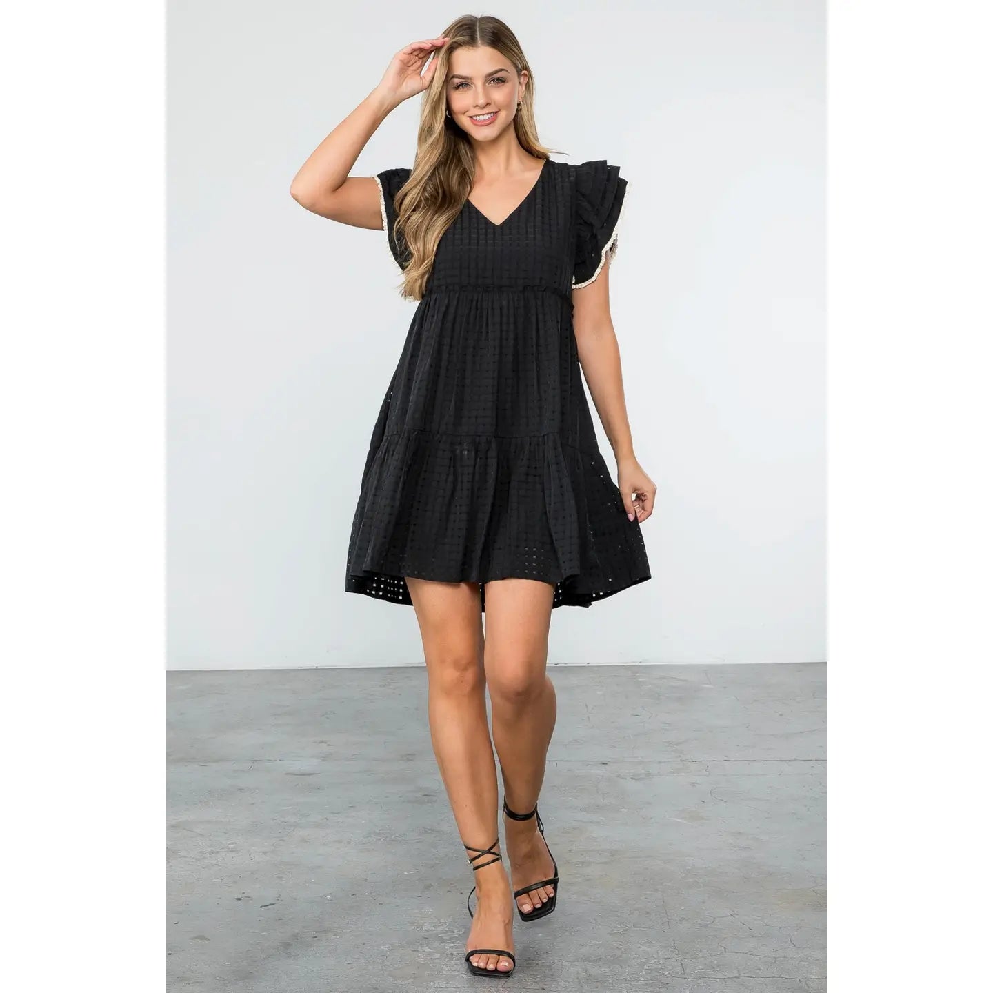 Flutter Sleeve Stripe Pattern Dress | Black - Medium
