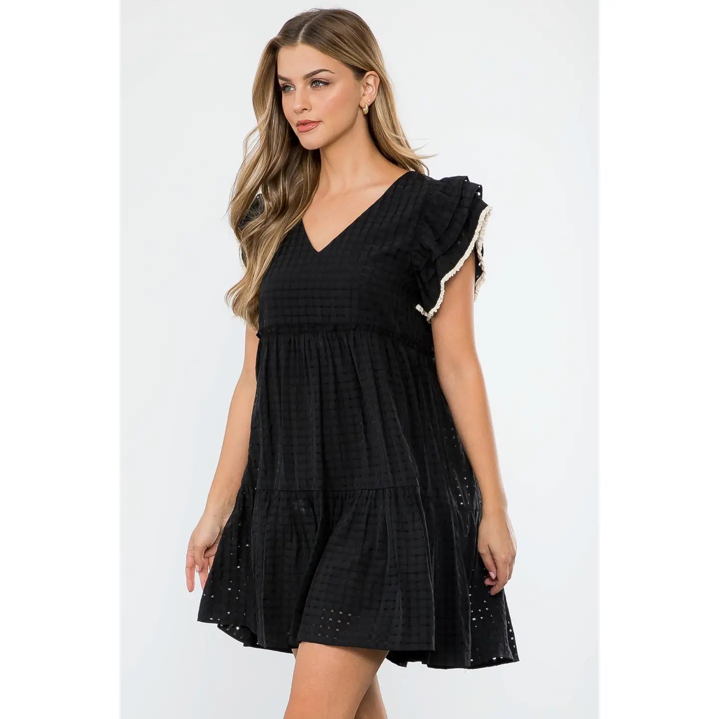 Flutter Sleeve Stripe Pattern Dress | Black - Medium