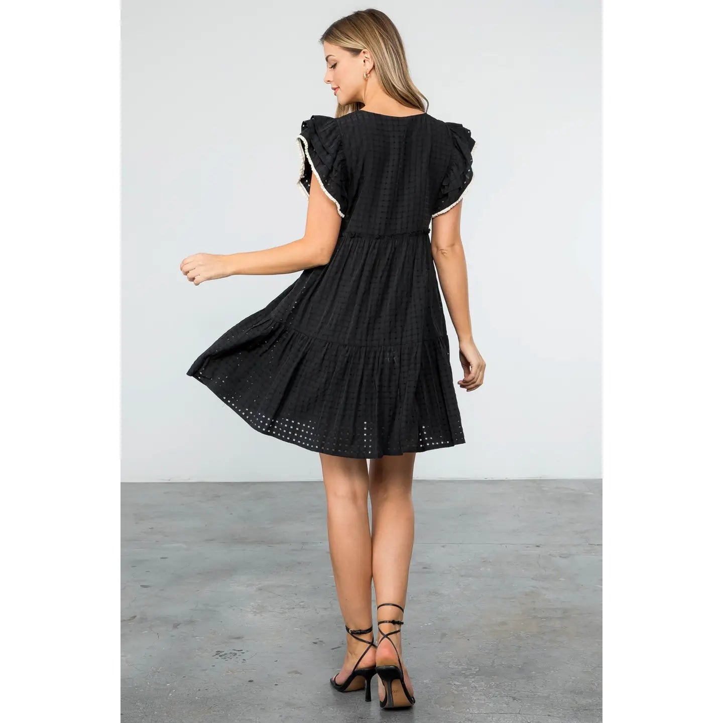 Flutter Sleeve Stripe Pattern Dress | Black - Large