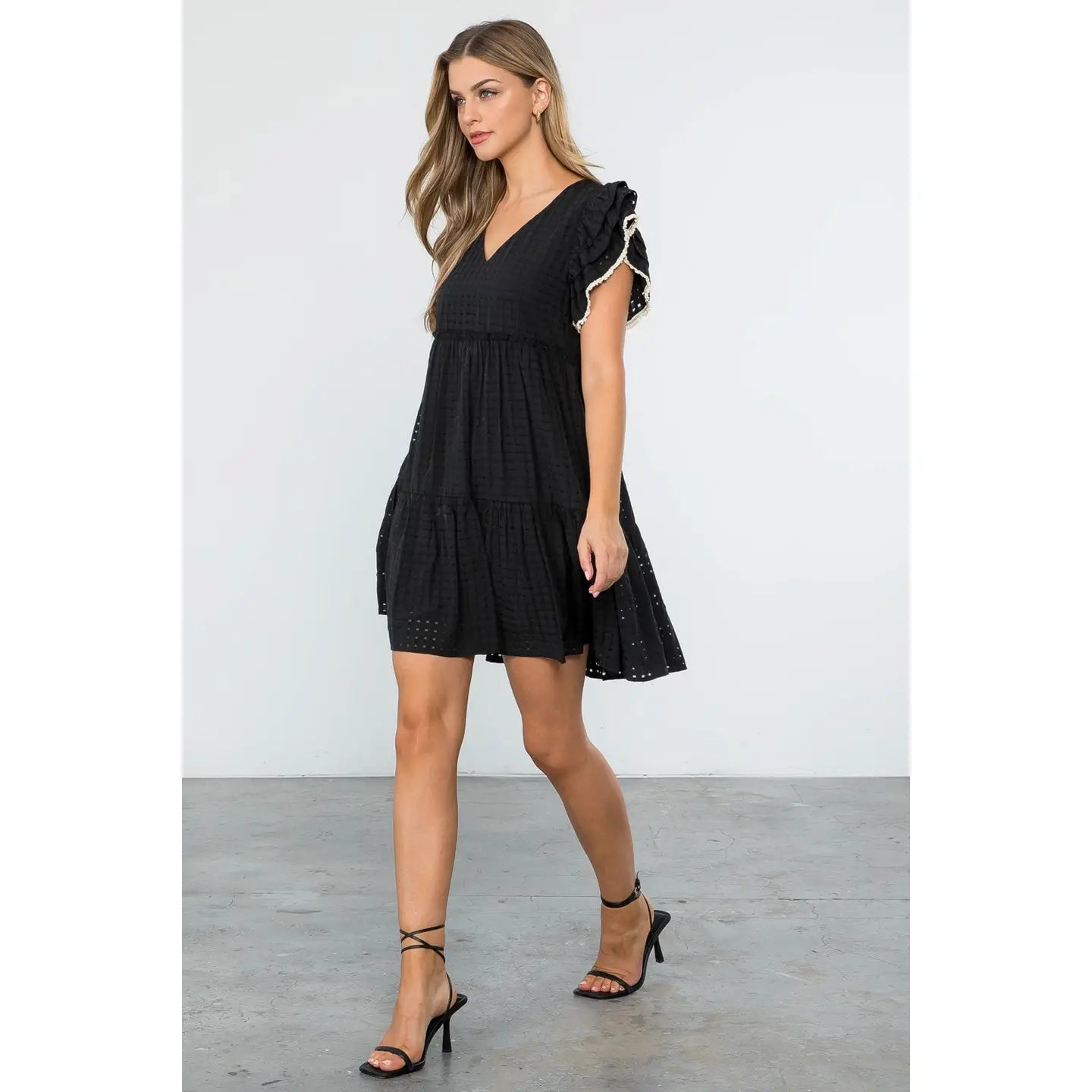 Flutter Sleeve Stripe Pattern Dress | Black - Medium
