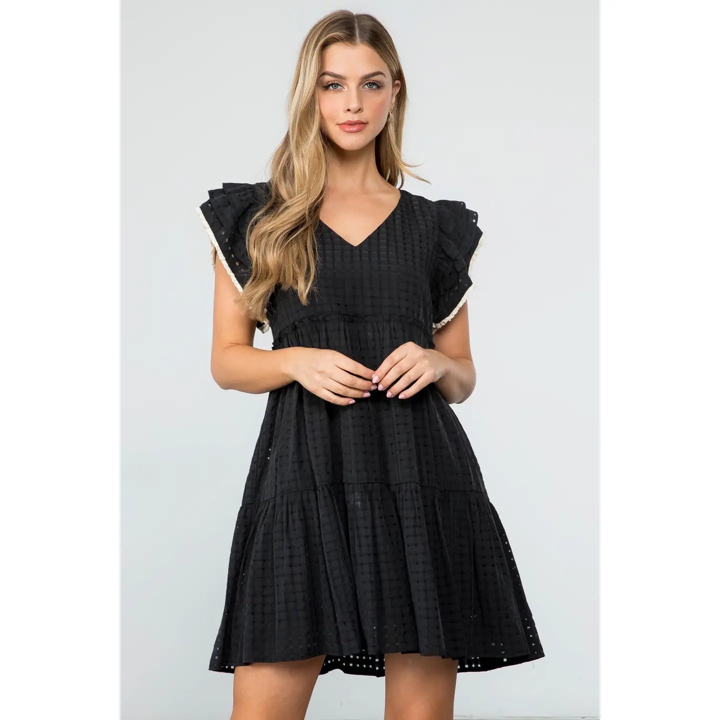 Flutter Sleeve Stripe Pattern Dress | Black - Medium