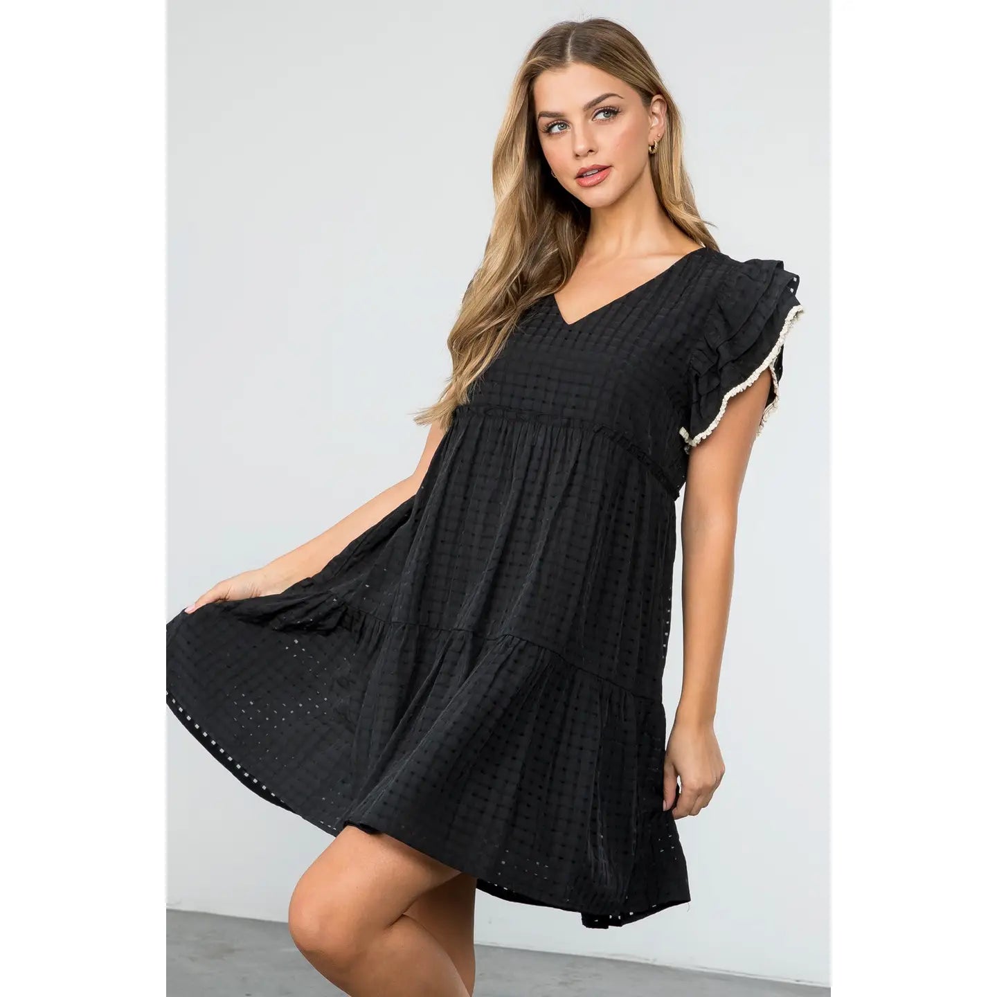Flutter Sleeve Stripe Pattern Dress | Black - Large
