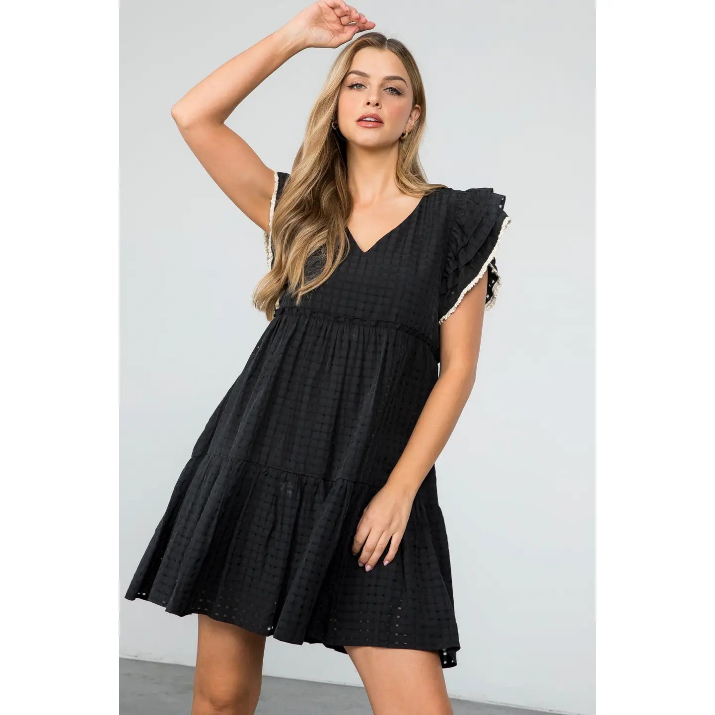 Flutter Sleeve Stripe Pattern Dress | Black - Medium