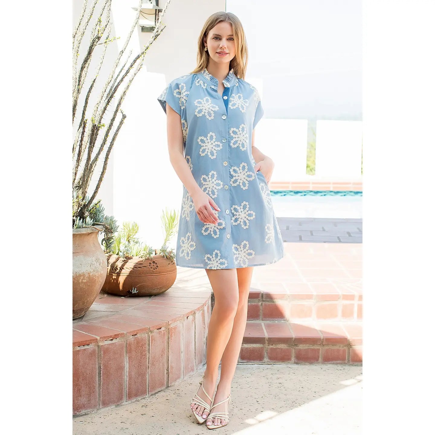 Embroidered Ruffle Collar Cap Sleeve Dress | Blue - Large
