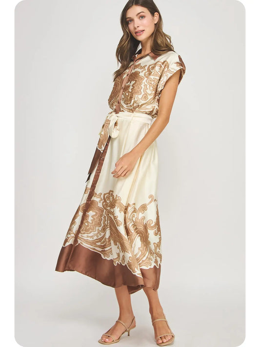 Border Print Satin Midi Dress | Brown/Ivory
