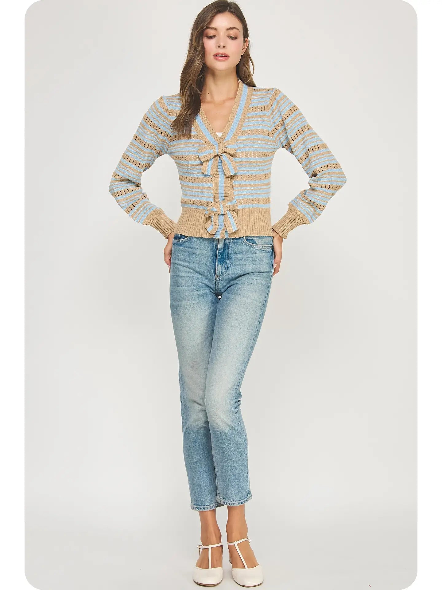 Bow Detail Striped Pointelle Knit Sweater Cardigan | Taupe/Chambray
