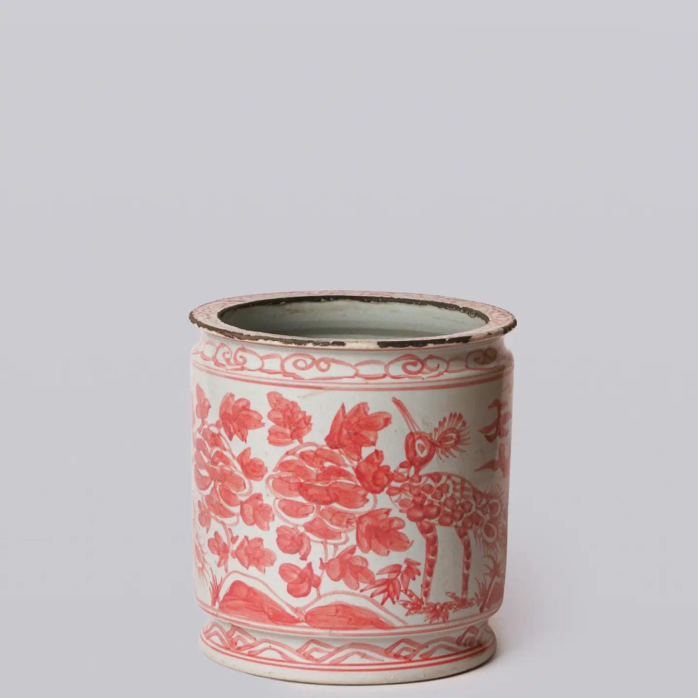Rustic Peacock Red and White Porcelain Cachepot C750