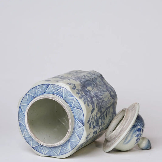 Blue and White Porcelain Golden Pheasant Ribbed Lidded Jar C795