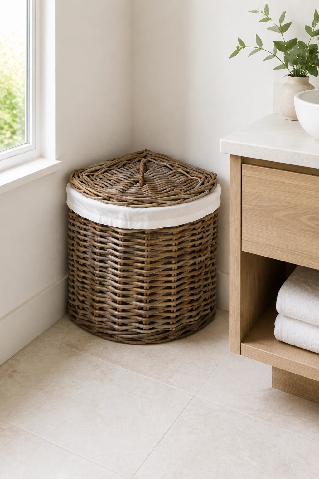 Rattan Corner Laundry Basket with Lid and Inner Bag