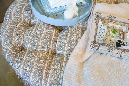 Morgan Skirted Ottoman Osterley/Pecan - Corby/Caramel Trim | Custom Fabricut