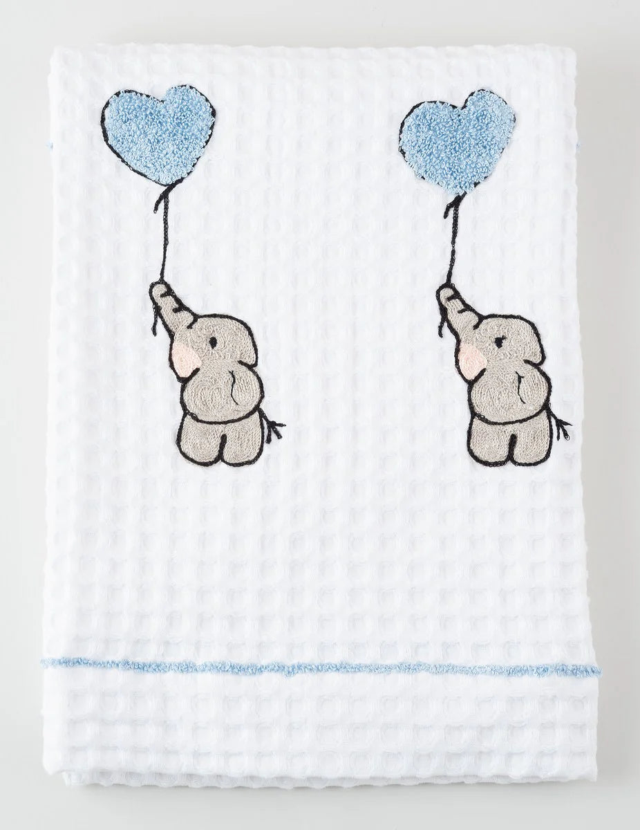 Elephant with Blue Balloon Embroidered Waffle | Bath Towel