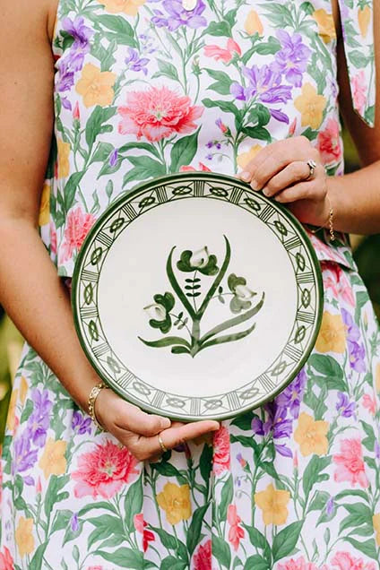 Lisbon Dinner Plate with Floral Center and Filigree Rim ~ hand painted | Verde Green