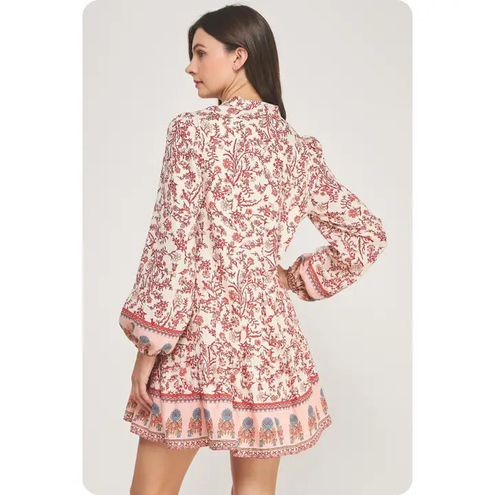 Long Sleeve Border Print Mini Shirt Dress | Flame Scarlet
