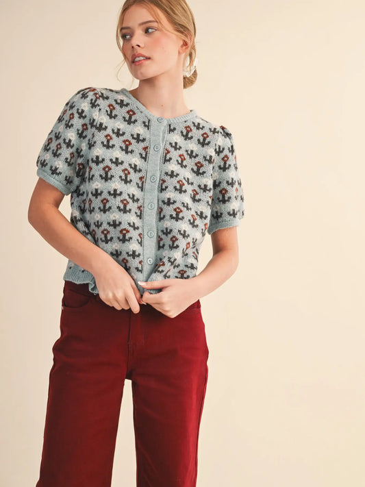 Floral Short Sleeve Sweater Cardigan | Blue Brown Floral