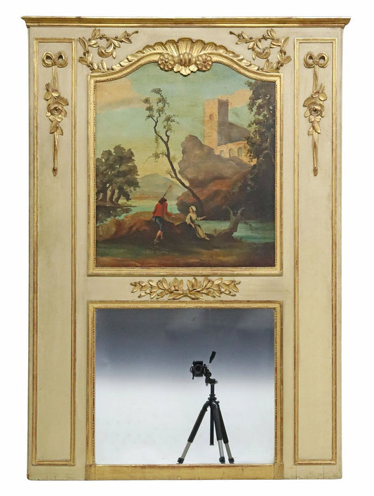 French Louis XVI Style Giltwood & Painted Trumeau Mirror