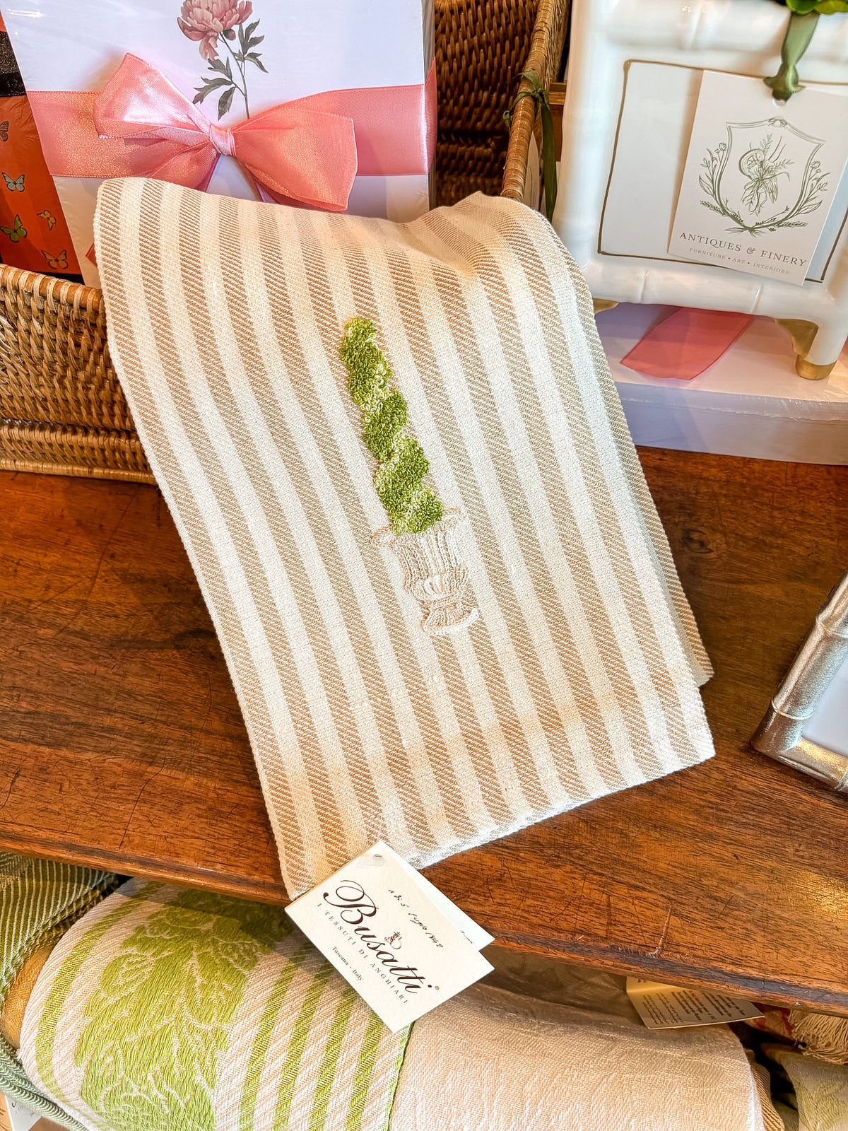 Hand Embroidered Topiary 2 Christmas Tree Sand | Busatti Pomelo Kitchen Towel | Col. 113