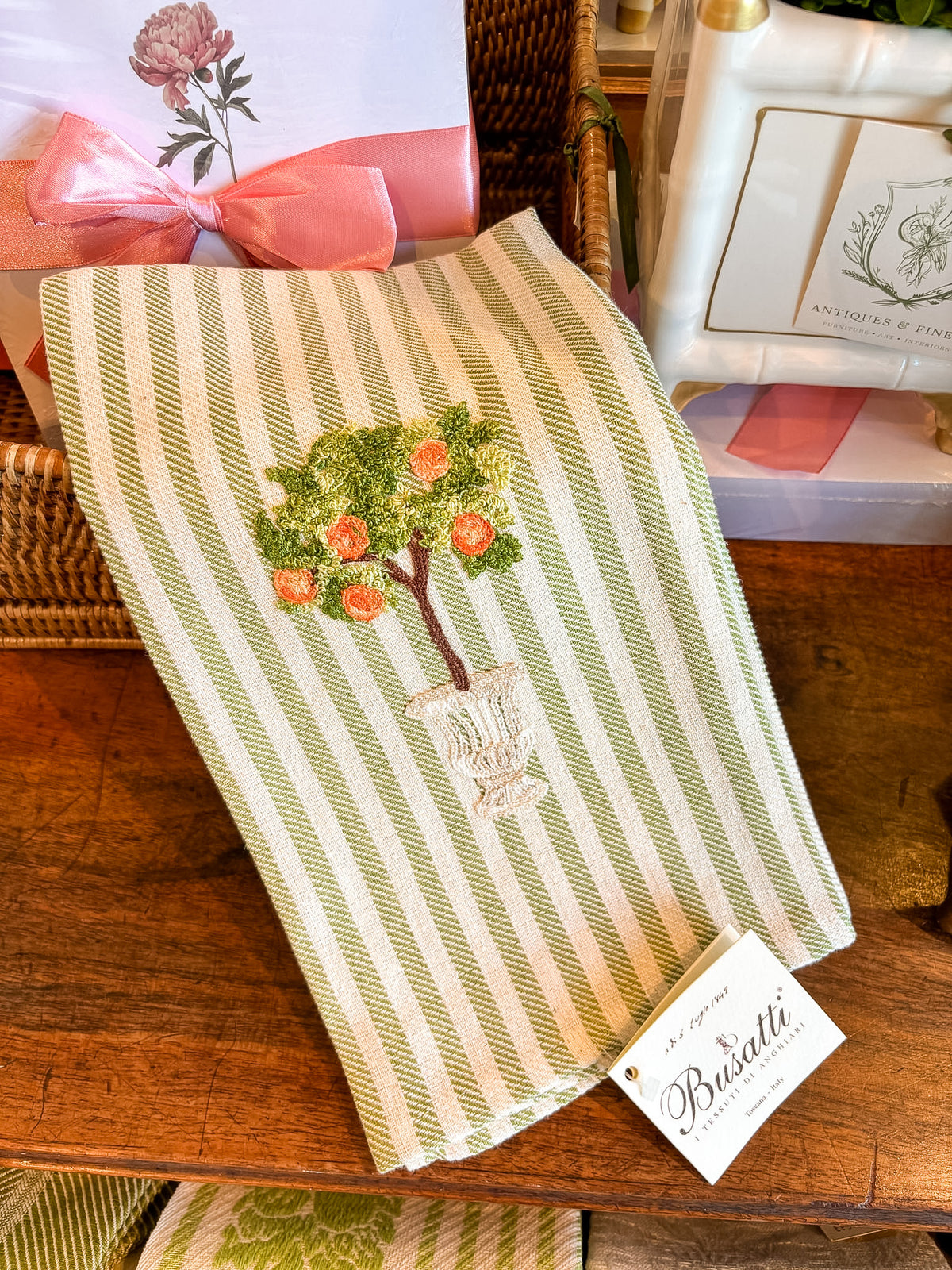 Hand Embroidered Orange Tree Apple Green | Busatti Pomelo Kitchen Towel | Col. 8