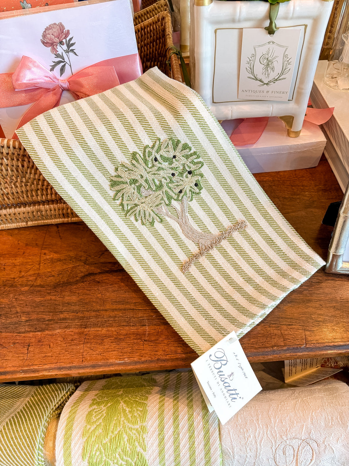 Hand Embroidered Tree Apple Green | Busatti Pomelo Kitchen Towel | Col. 8