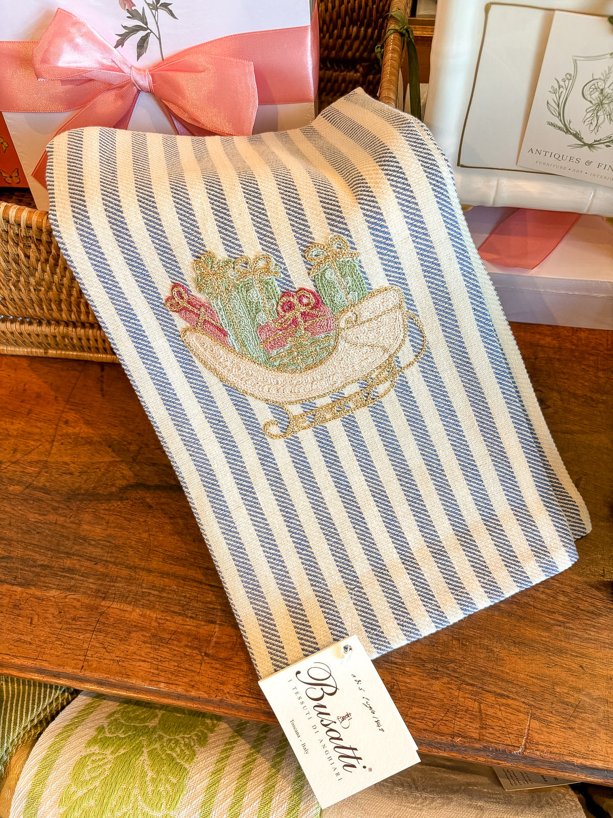 Hand Embroidered Sleigh with Presents Woad Blue | Busatti Pomelo Kitchen Towel | Col. 135