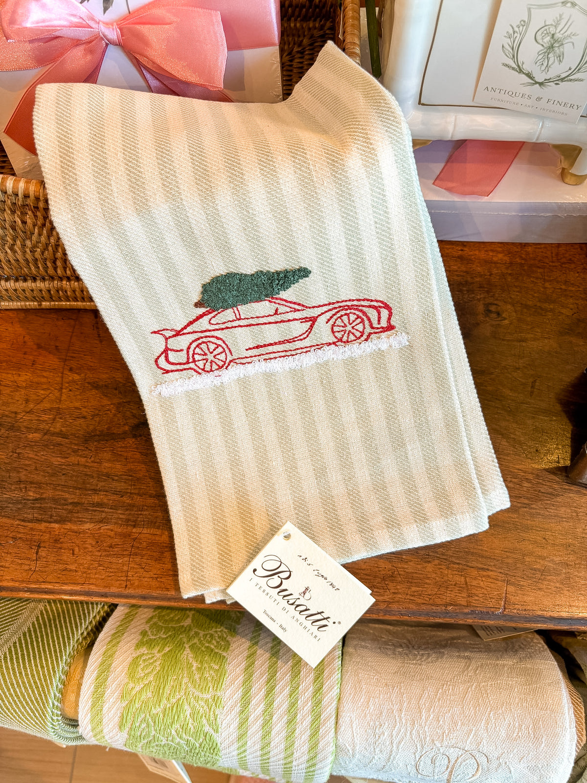 Hand Embroidered Red Car with Christmas Tree on the Roof | Busatti Pomelo Kitchen Towel | Col. 118