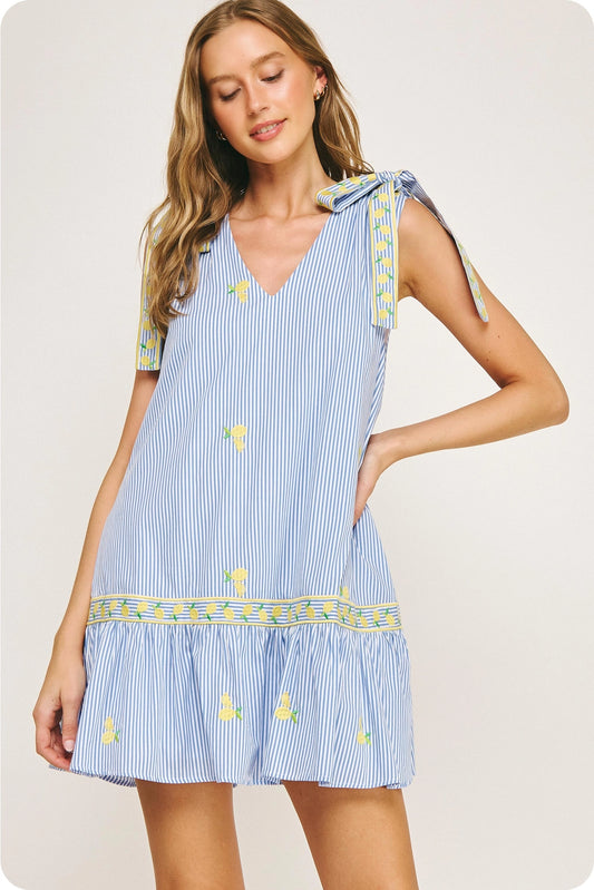 Lemon Embroidery Bow Strap Detail Stripe Mini Dress