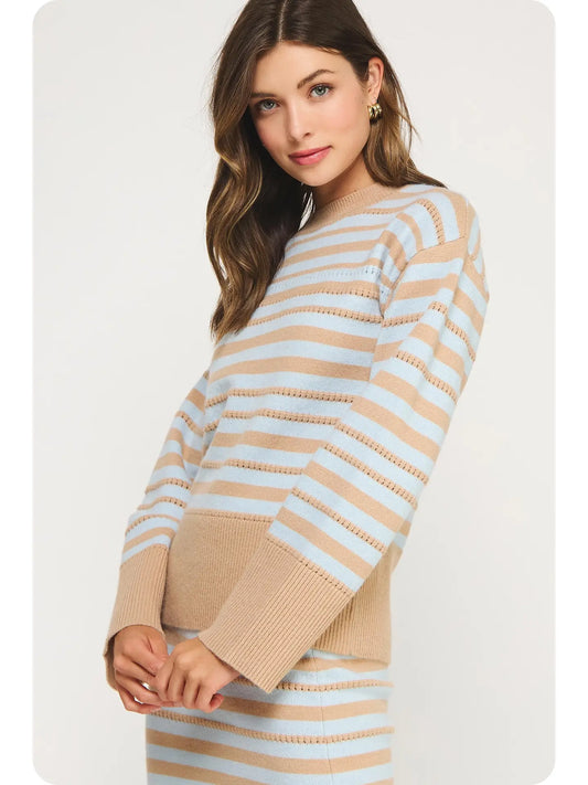 Pointelle Textured Striped Midi Sweater | Taupe/Sky Blue