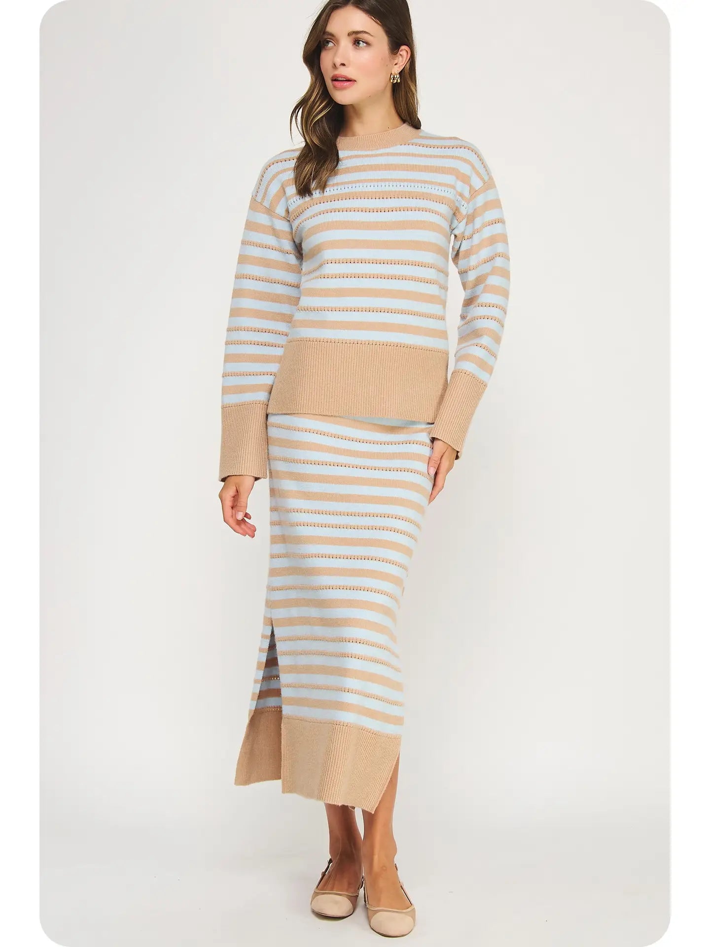 Pointelle Textured Striped Midi Sweater | Taupe/Sky Blue