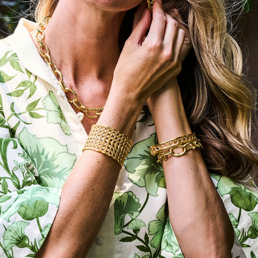 Bangkok Bamboo Link Bracelet, 7.25" - Gold/Green Enamel