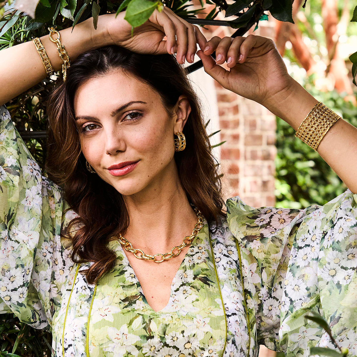 Bangkok Bamboo Link Necklace, 18" - Gold/Green Enamel