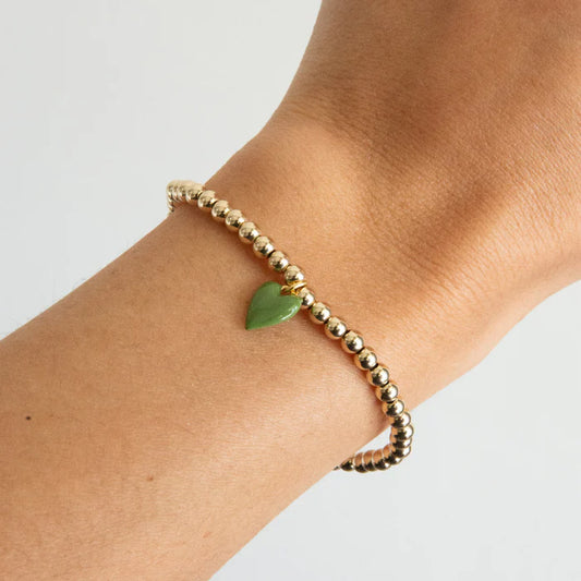 Bead Bracelet w/Mini Green Enamel Heart Charm - HART