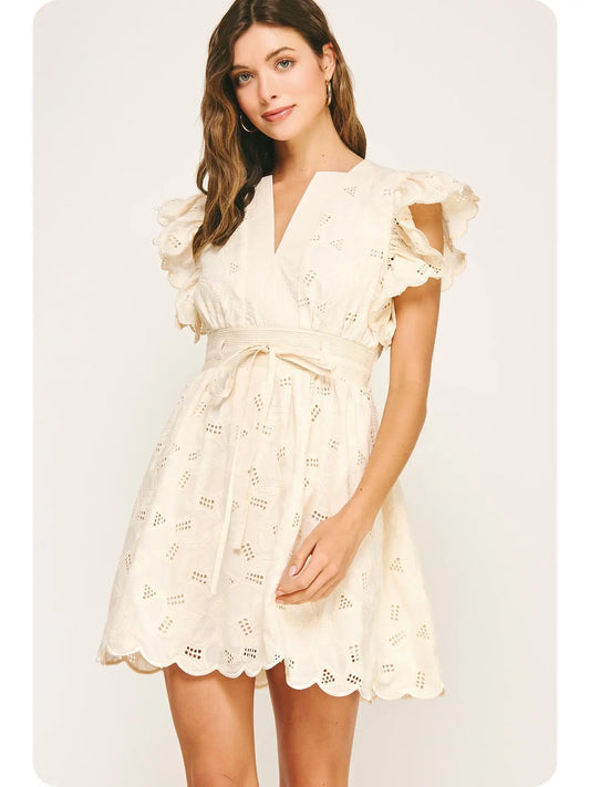 Eyelet Cotton Lace Scallop Mini Dress | Ecru