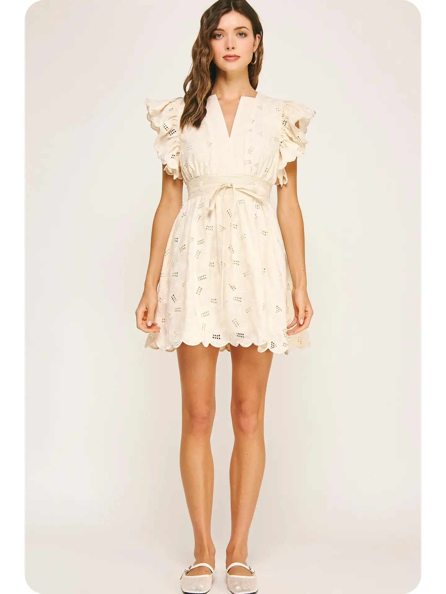 Eyelet Cotton Lace Scallop Mini Dress | Ecru - Medium