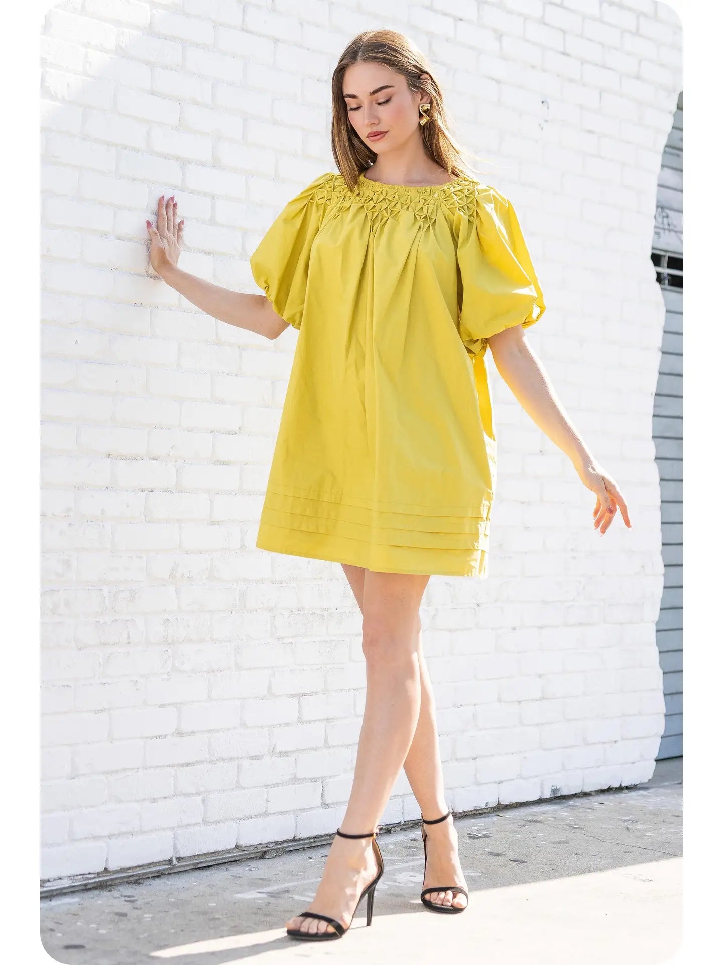 Hand Smocking Detail Poplin Mini Dress | Chartreuse - Medium