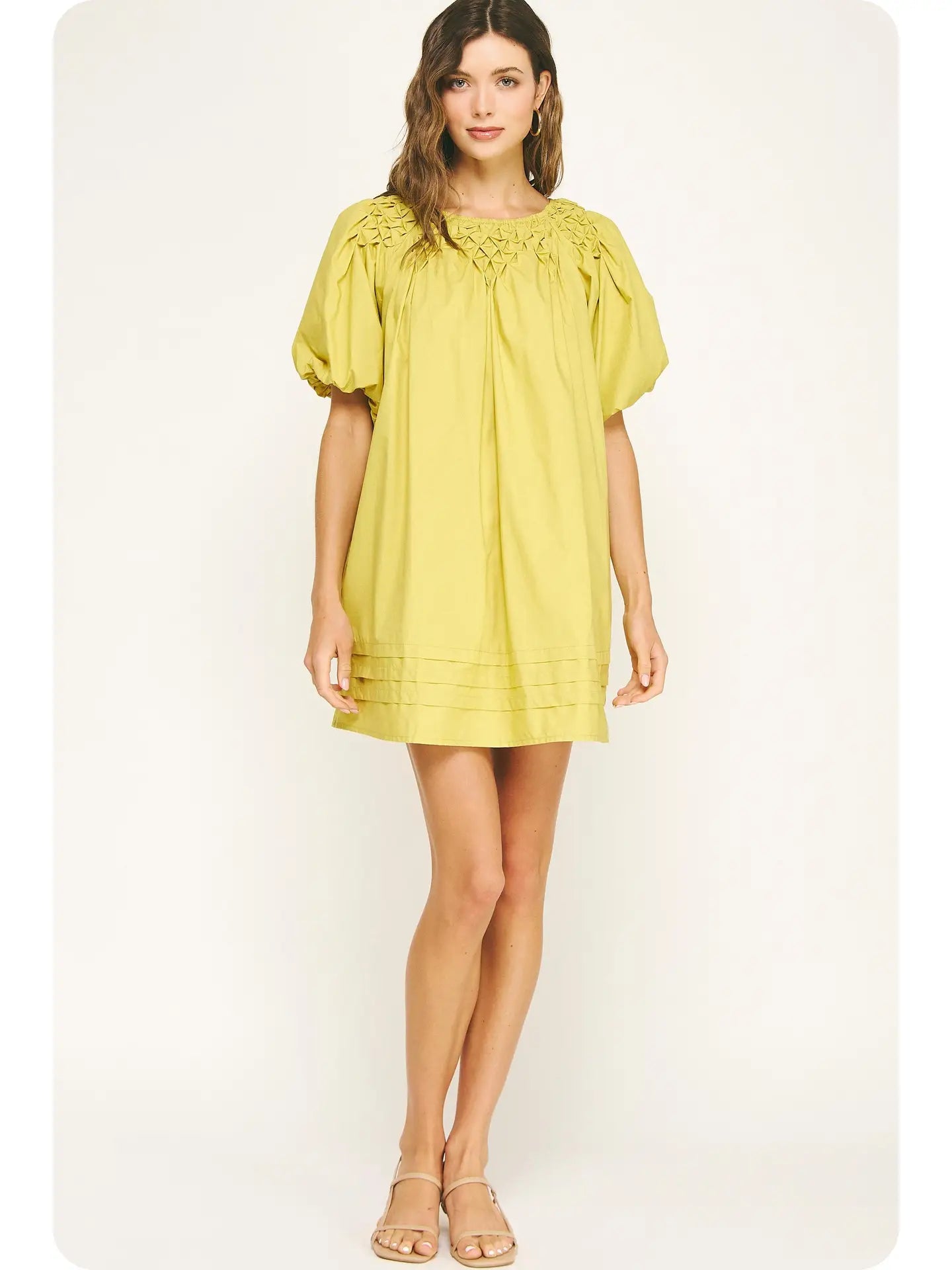 Hand Smocking Detail Poplin Mini Dress | Chartreuse - Medium
