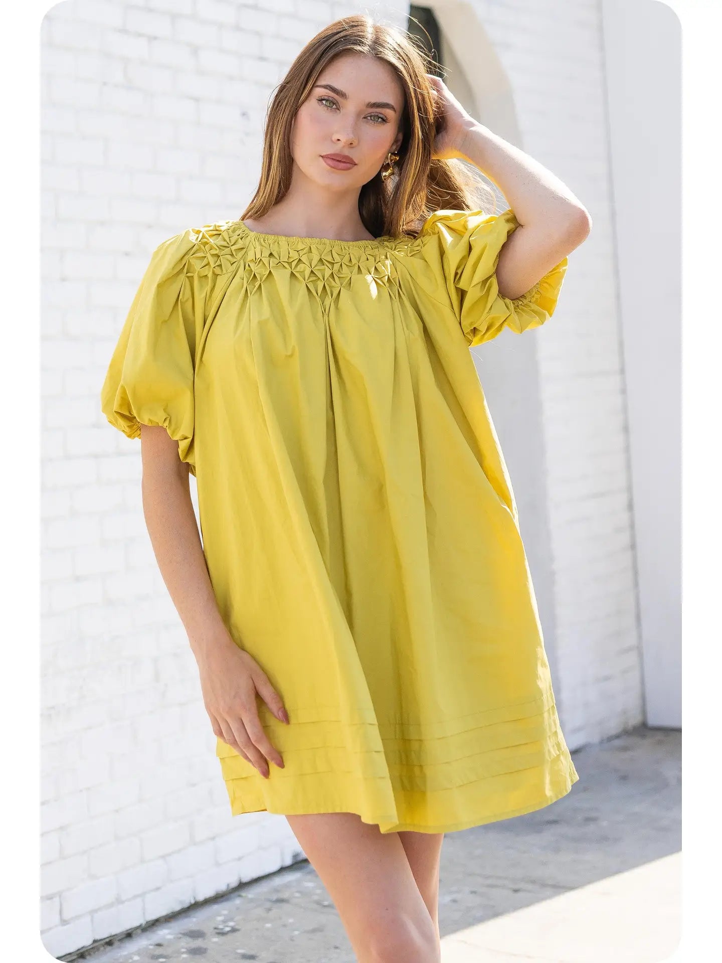 Hand Smocking Detail Poplin Mini Dress | Chartreuse - Medium