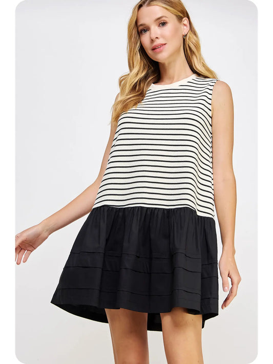 Mixed Media Stripe Knit Mini Dress | Black Stripe