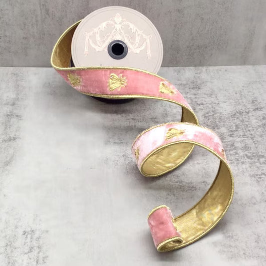 Velvet Gold Embroidery Bee Ribbon 05-1358 | Pink